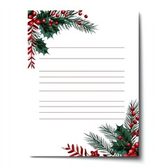 A decorative note paper featuring festive holly, pine leaves, and berries on a white background, ideal for holiday messages and letters. on a white background