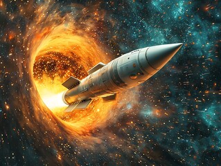 Fototapeta premium Cutting Edge Space Rocket Emerging from Wormhole Symbolizing Futuristic Possibilities of Faster Than Light Travel