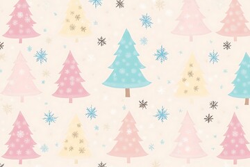 Seamless pattern of colorful Christmas trees and snowflakes in festive winter scene