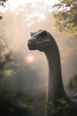 Brachiosaurus portrait in a misty forest during early morning light