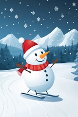 Fototapeta premium Cute snowman ski in snow field in mountain.