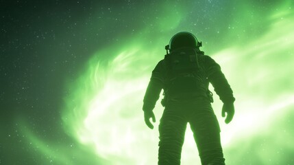 Astronaut Silhouetted Against Vibrant Aurora - Ultra-Detailed 3D Render Digital Artwork with Enchanting Swirling Lights