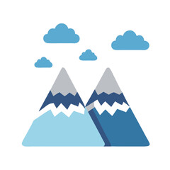 Icon of winter mountains in blue, representing snowy outdoor landscapes.
