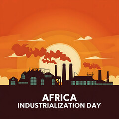 Obraz premium Africa Industrialization Day sunset backdrop with factory silhouettes and smokestacks