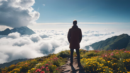  A metaphorical image of a contemplating lonely man in peaceful floral mountain top.Young man thinking about things in life. AI generated image
