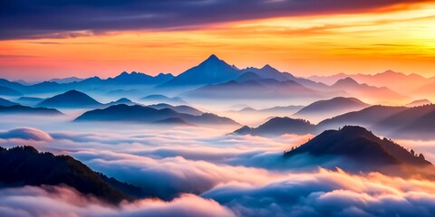 Fototapeta premium Misty Mountain Peaks with Gradient Sky Shifting from Deep Blue to Soft Pastels