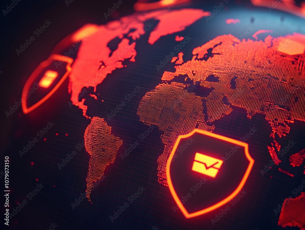 Poster a glowing digital world map with red highlights and security shields, representing global cybersecur
