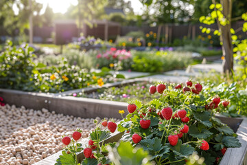 Garden with strawberry plants in the garden beds