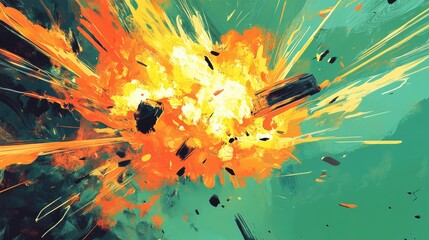 Comic-style explosion in vibrant anime tones against a green background, capturing the energetic and exaggerated style of anime comics.