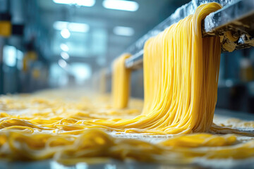 Fresh pasta dough extrusion close up in an industrial food production setting