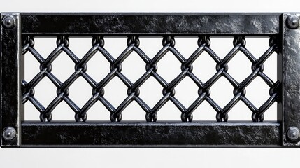 Detailed black chain link fence pattern against a plain white background, emphasizing the texture and interlocking design of the fence.