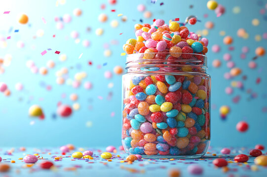 Colorful candy jar overflowing with assorted sweets and confetti celebration