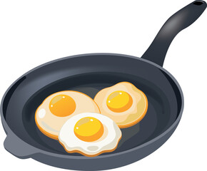 Three fried eggs cooking in a frying pan for a nutritious breakfast