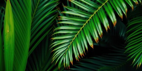 Obraz premium Close up of a vibrant green palm leaf texture in a tropical jungle setting, background, plant, detail