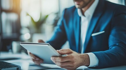 Professional Meeting Insight: Businessman Reviews Tablet During an Afternoon Office Discussion.
