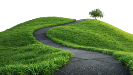 Asphalt road curving through a lush green landscape on a transparent background.