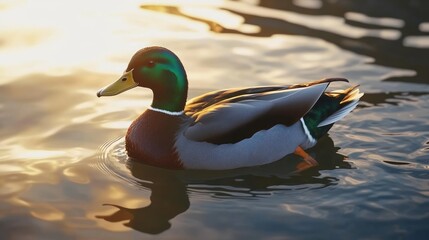 Fototapeta premium Mallard Duck on a Calm Lake at Sunset