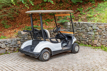 A white golf cart is parked on the street. © Denis Rozhnovsky