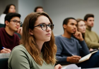 Young Woman in Glasses Looking Away in a Classroom Setting