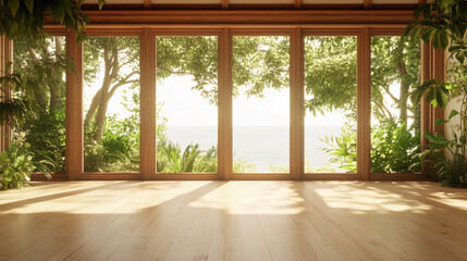 Open-Concept Room with Garden View and Wooden Floor