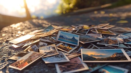 A Heap of Printed Travel Photographs Strewn on the Ground at sunset.