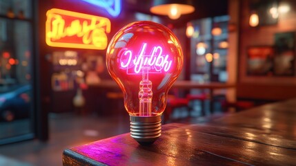 Neon light bulb spelling "Help" on a table in a bar.