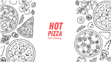 Hand drawn set of pizza. Italian pizza design template. Vector illustration