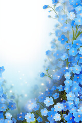 A collection of forget not me blossoms against a floral-themed background for greeting card border, professional lighting, ultra highly realistic, smooth light, PNG