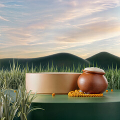 3d render pongal pot with agriculture background banner generated by AI	