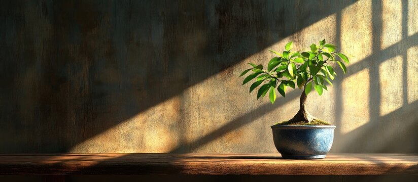 Bonsai ficus panda in a vibrant blue pot elegantly displayed on a rustic wooden table interior decor