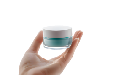 Closeup hand holding cream jar mock up isolated on transparent background