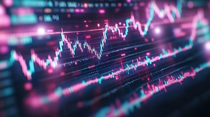 Neon stock market chart with rising and falling lines and numbers.