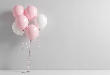 Group of pink and white balloons on a minimalist gray background with copy space