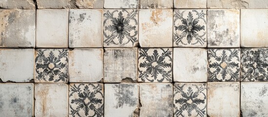 Antique ceramic tiles with intricate patterns adorning a weathered wall showcasing historical craftsmanship