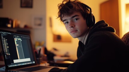 Focused young man streaming a video editing tutorial on his laptop, wearing headphones, with editing software on screen, sitting at a desk surrounded by creative tools, working in a cozy workspace