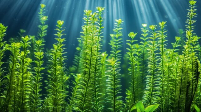 Invasive hydrilla verticillata thrives in a freshwater lake, causing ecological issues with dense vegetation disrupting the ecosystem and biodiversity in aquatic habitats.