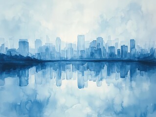 Dreamy Watercolor Skyline with Reflections in Calm Blue Tones