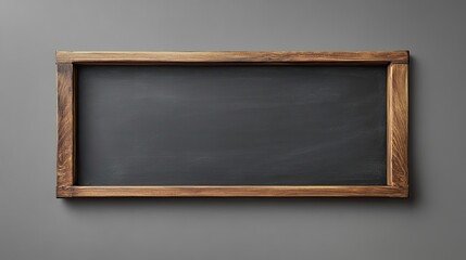 Horizontal blank chalkboard with a smooth black surface and wooden frame, isolated on transparent background, ideal for school or cafe themes.