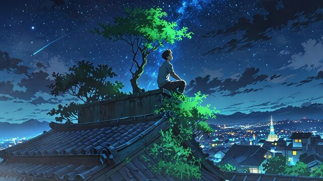 a man on the roof of a house is looking at the sky during a starry night, in anime style. seamless looping 4k video background animation