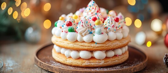 Beautifully decorated festive cake biscuit topped with an array of colorful creams perfect for celebrations