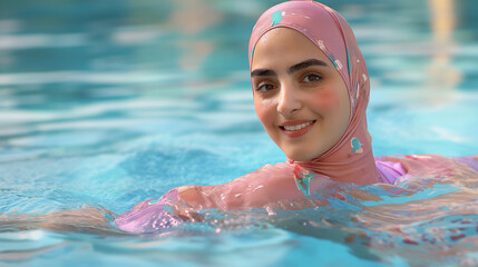 Muslim woman in a burkini swimming in a blue pool.