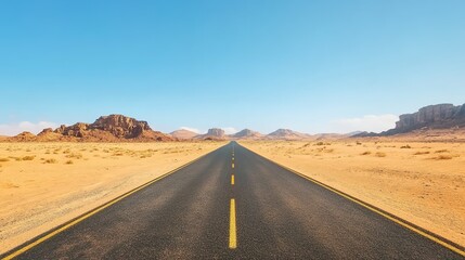 A wide, straight road leads into the distance in an African desert landscape under a clear blue sky. 
