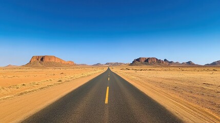 A wide, straight road leads into the distance in an African desert landscape under a clear blue sky. 
