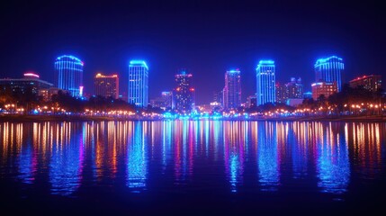 Night cityscape with illuminated skyscrapers reflected in water.