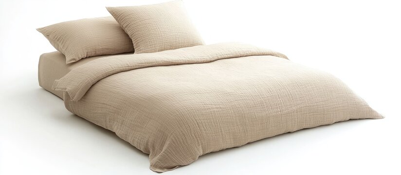 Beige muslin bedspread and pillowcases with a natural finish ideal for cozy home decor textiles comfort essentials