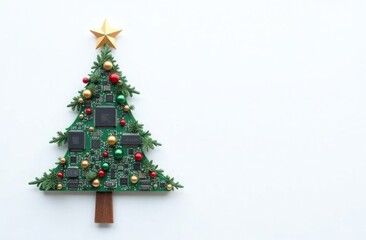 Obraz premium Computer details in the form of a Christmas tree with a star on top of the tree