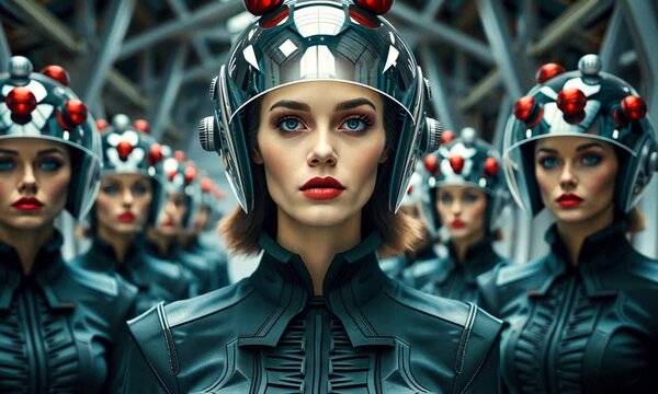 Group of futuristic women in sleek uniforms and unique headgear engaging in a mysterious project inside a high-tech facility