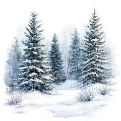 Naklejka premium Description A tranquil winter landscape featuring snow-covered pine trees surrounded by a serene, snowy backdrop.