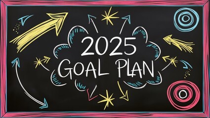 Creative chalkboard illustration featuring the phrase '2025 Goal Plan' with colorful arrows and stars, symbolizing motivation and future planning.