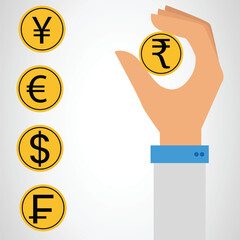 Hand holding golden Indian rupee coin